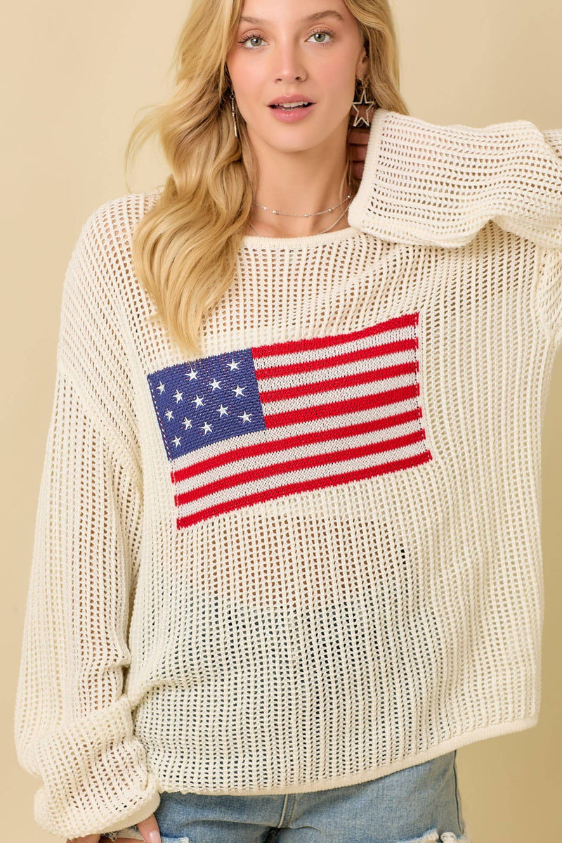 Main Strip - 4th of July Boat Neck Crochet Sweater Knit Top: IVORY / S