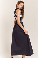 Beige Striped Sleeveless Mock-Neck Maxi Dress