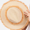FRAYED BAND AND TRIM STRAW SUN HAT
