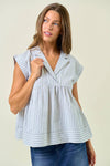 Striped Notch Collar Neck Rolled-up Cap Sleeve Top