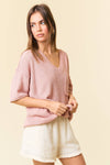 V-Neck Dropped Short Sleeve Exposed Seam Sweater