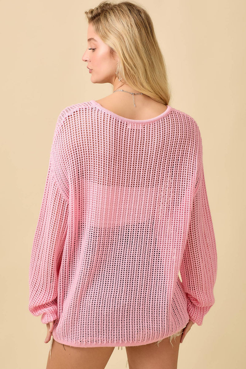 Main Strip - 4th of July Boat Neck Crochet Sweater Knit Top: IVORY / S