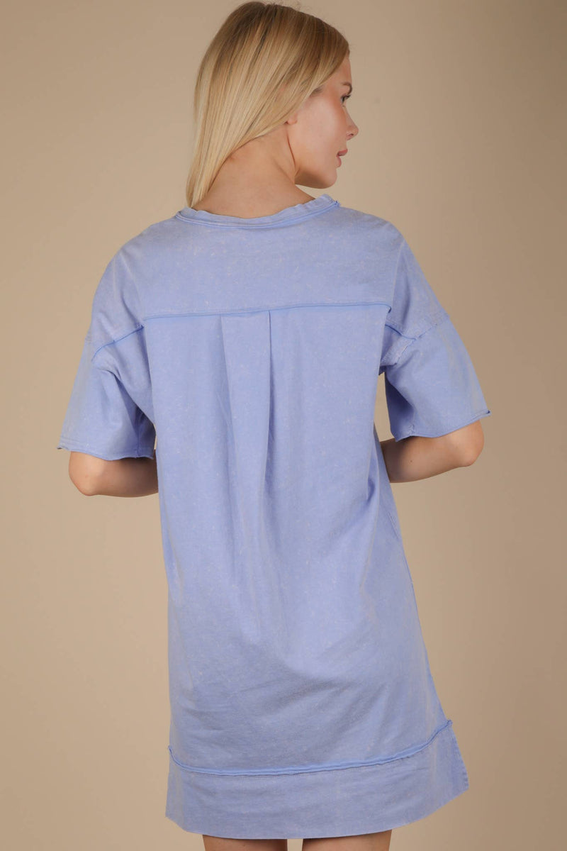 VERY J - ND31634-Mineral Washed Knit Oversized Shift Mini Dress: BLUE / S-M-L/2-2-2