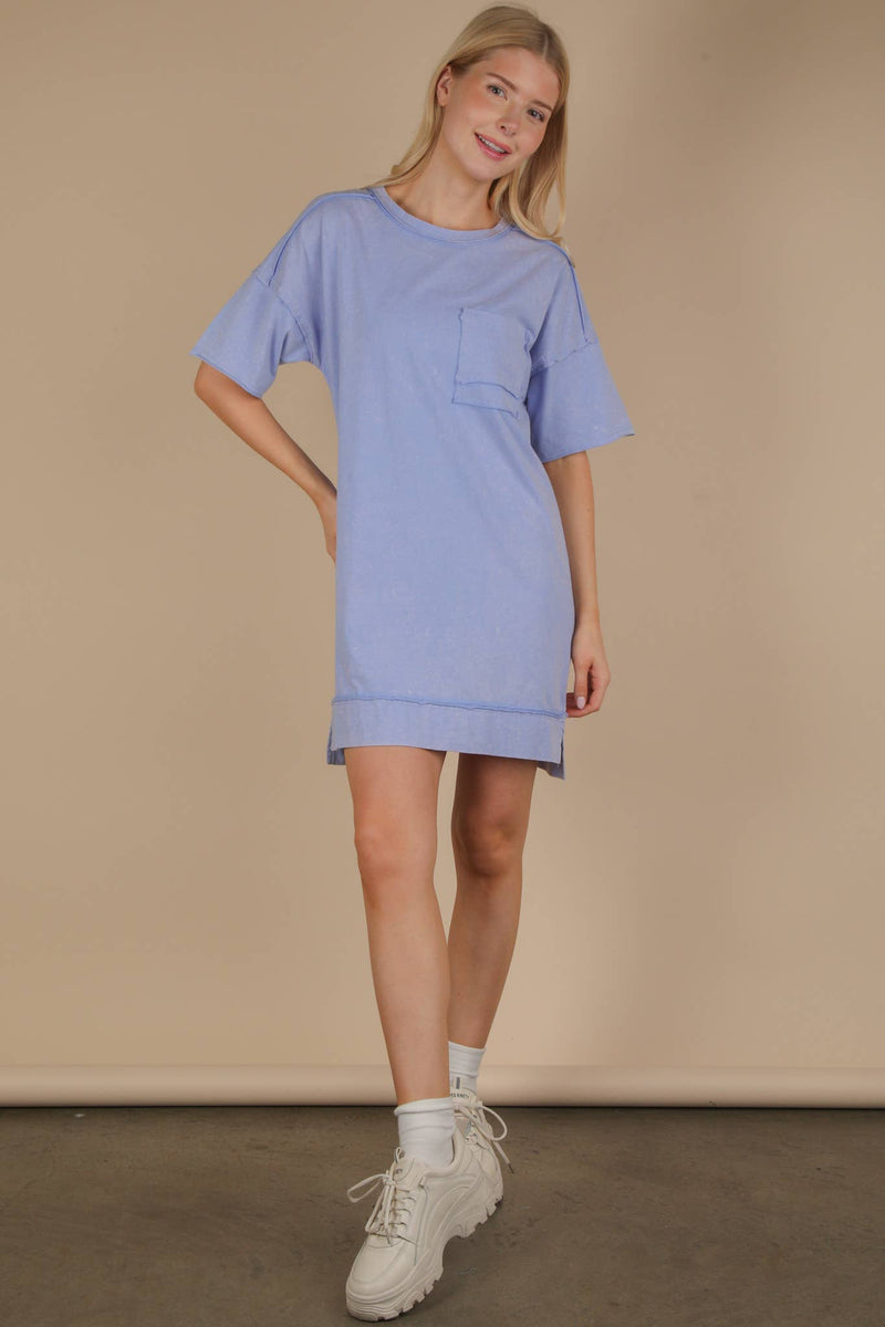 VERY J - ND31634-Mineral Washed Knit Oversized Shift Mini Dress: BLUE / S-M-L/2-2-2