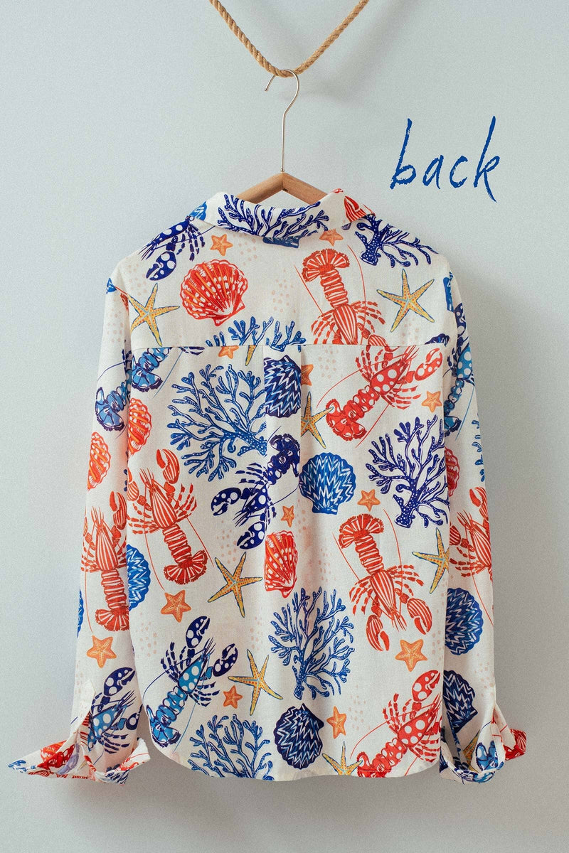 Urban Daizy - Ocean Shell & Lobster Print Relaxed Summer Shirt: MULTI / S-2/M-2/L-2