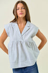 Striped Notch Collar Neck Rolled-up Cap Sleeve Top