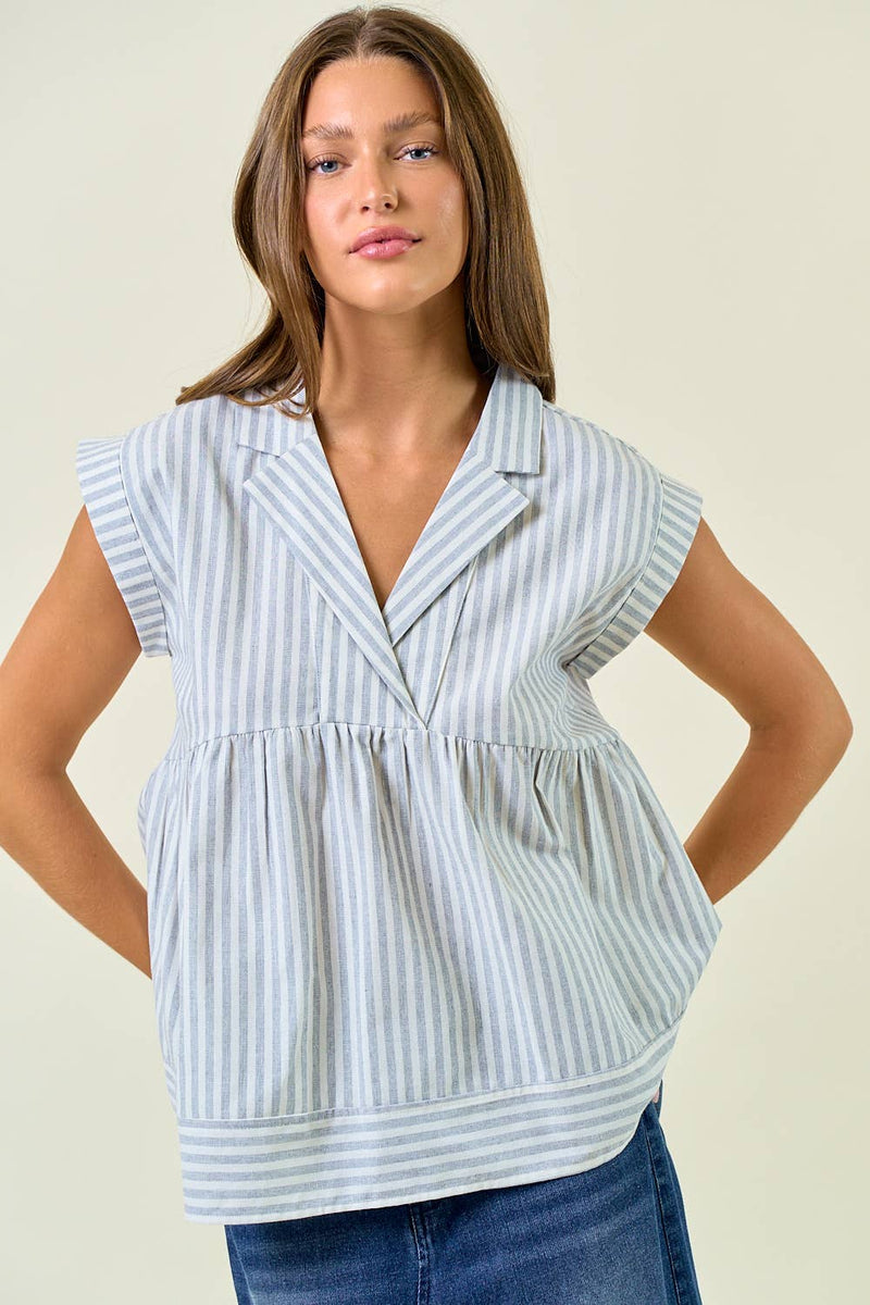 Striped Notch Collar Neck Rolled-up Cap Sleeve Top