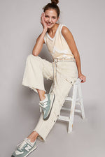 Pol Clothing - V-neck sleeveless color block front crochet star solid top: BASIL/DEEP TEAL / S
