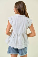 Striped Notch Collar Neck Rolled-up Cap Sleeve Top