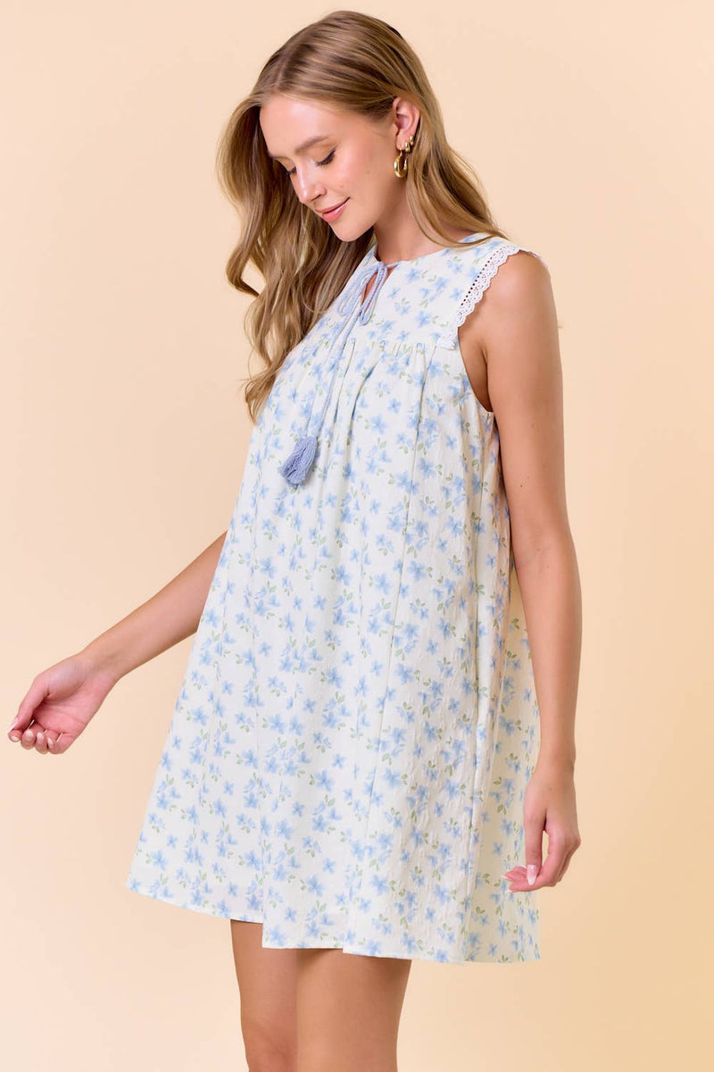 Floral Tie Front Lace Ruffled Sleeveless Mini Dress