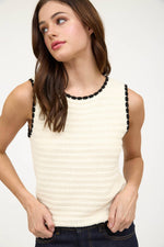 The Workshop Studio - CONTRAST TRIM CROCHET KNIT SLEEVELESS SWEATER TOP: IVORY