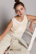 Pol Clothing - V-neck sleeveless color block front crochet star solid top: BASIL/DEEP TEAL / S