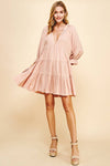 DEEP V-NECK TIERED MINI DRESS - DUSTY PINK