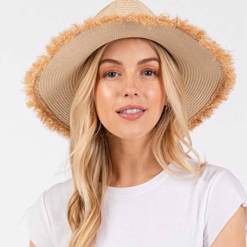 FRAYED BAND AND TRIM STRAW SUN HAT