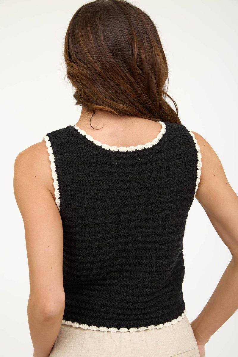 The Workshop Studio - CONTRAST TRIM CROCHET KNIT SLEEVELESS SWEATER TOP: IVORY