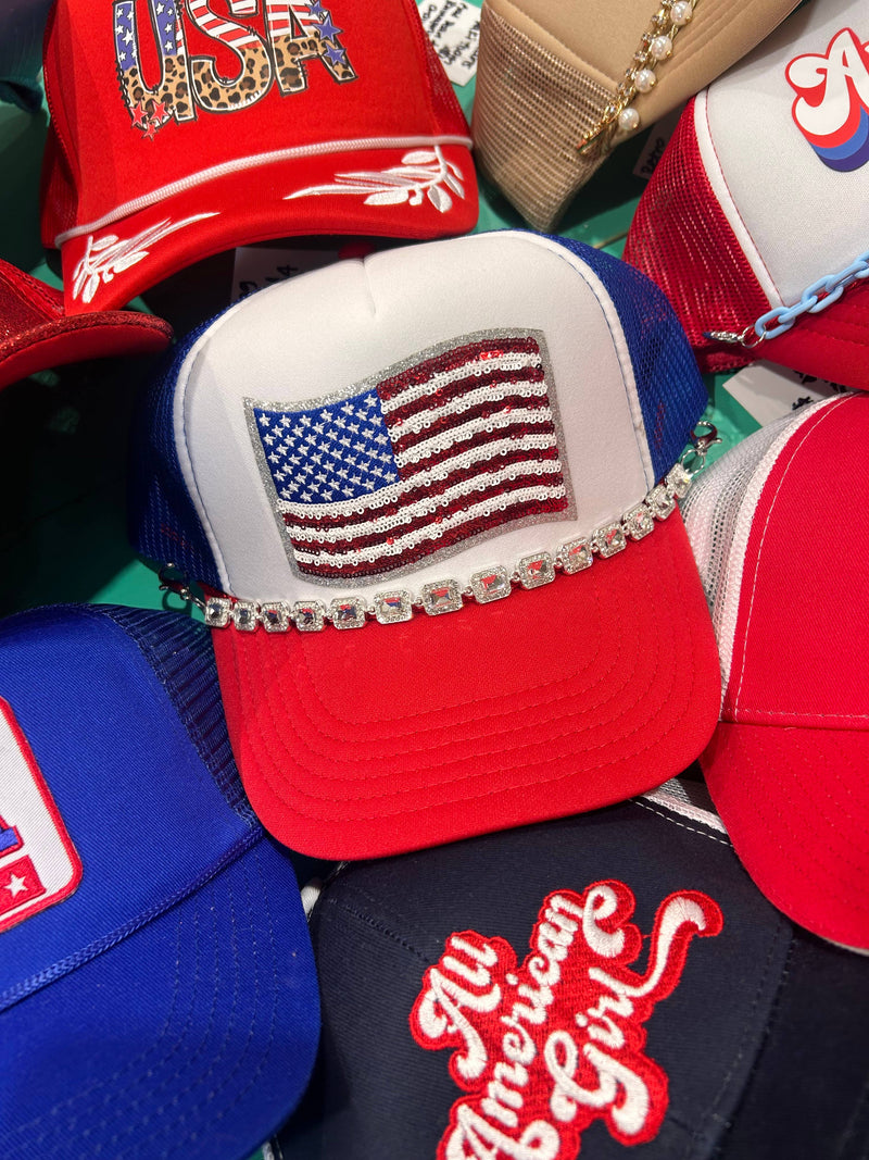 Sequin Flag Trucker | American Flag Hat | Patriotic Cap: White/Red/Royal Foam