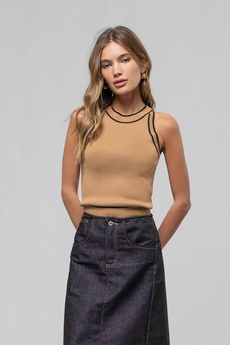 The Workshop Studio - CONTRAST STRIPE SWEATER KNIT HALTER TOP: BLACK