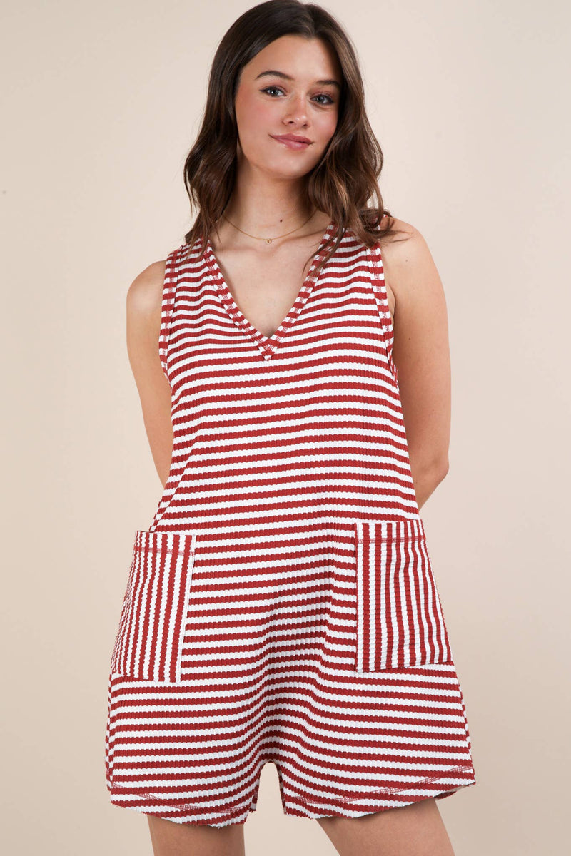 VERY J - NP70744-Striped Knit Casual Comfy Romper: DENIM / S-M-L/2-2-2