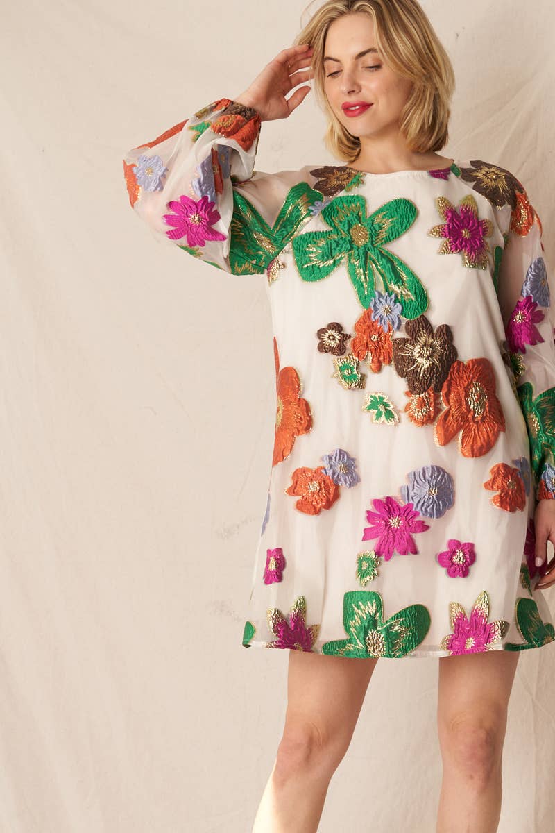 Bubble Sleeve Floral Organza Mini Dress