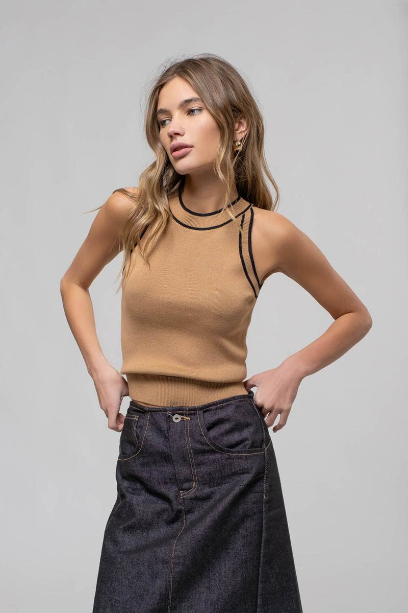 The Workshop Studio - CONTRAST STRIPE SWEATER KNIT HALTER TOP: BLACK