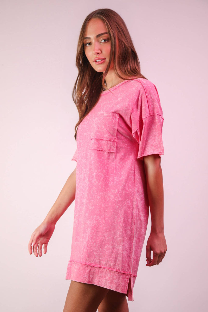 VERY J - ND31634-Mineral Washed Knit Oversized Shift Mini Dress: BLUE / S-M-L/2-2-2