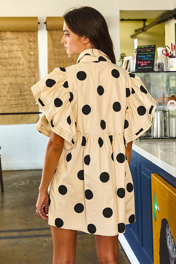 Ruffle Sleeve Pintuck Detail Polka Dot Mini Dress