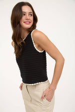 The Workshop Studio - CONTRAST TRIM CROCHET KNIT SLEEVELESS SWEATER TOP: IVORY