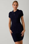 Sunday Edition by LE LIS - COLLAR SCALLOP DETAIL CABLE KNIT SWEATER MIDI DRESS: NAVY / S