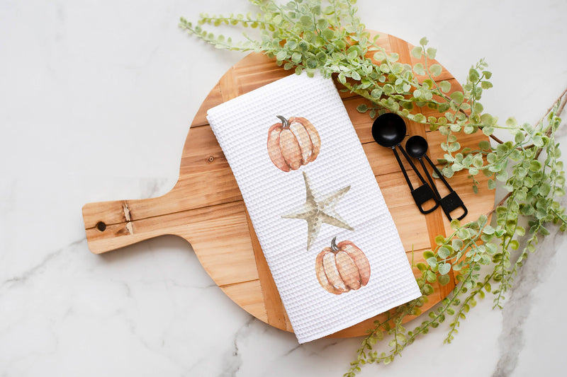 Orange Pumpkins & Starfish Kitchen Towel, Coastal Fall Beach