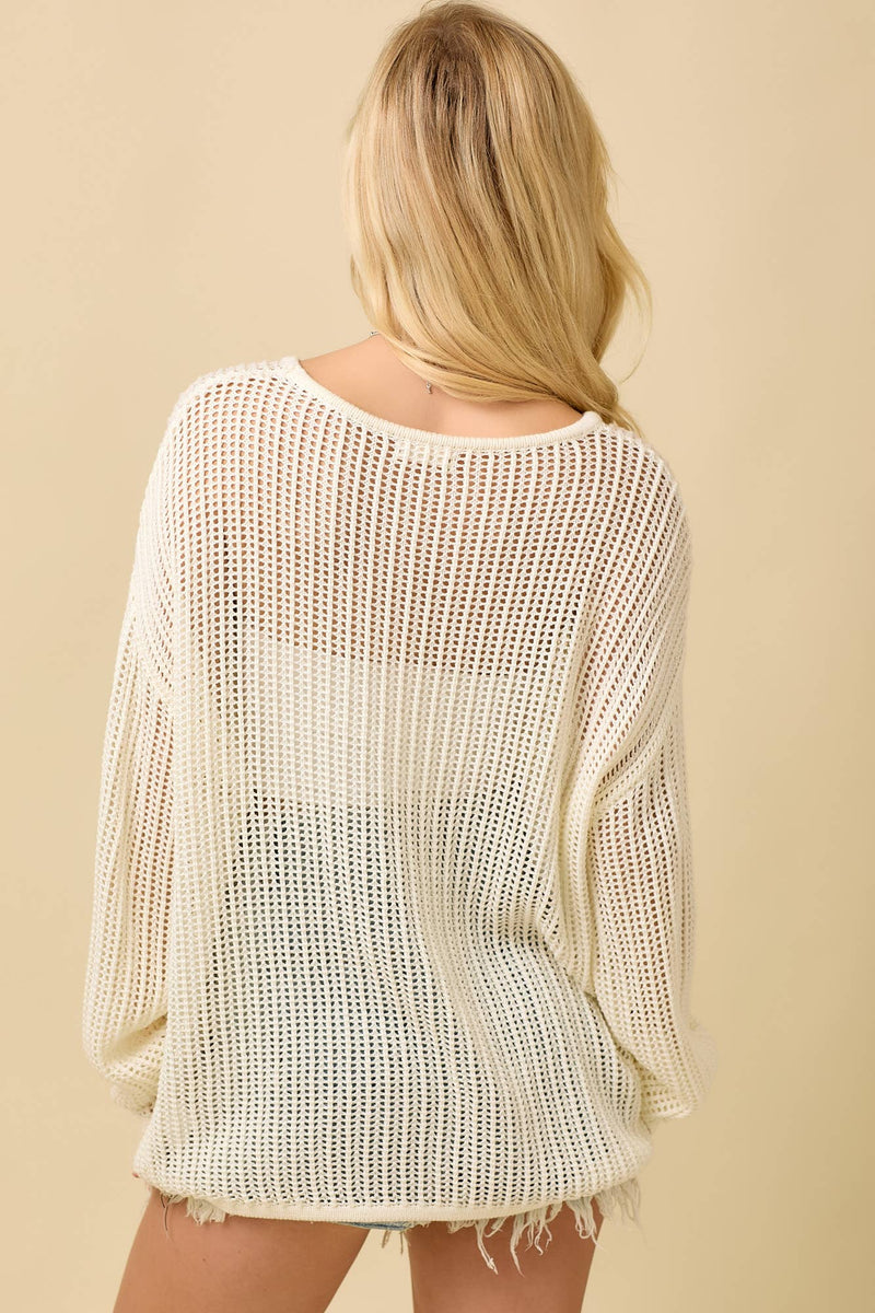 Main Strip - 4th of July Boat Neck Crochet Sweater Knit Top: IVORY / S