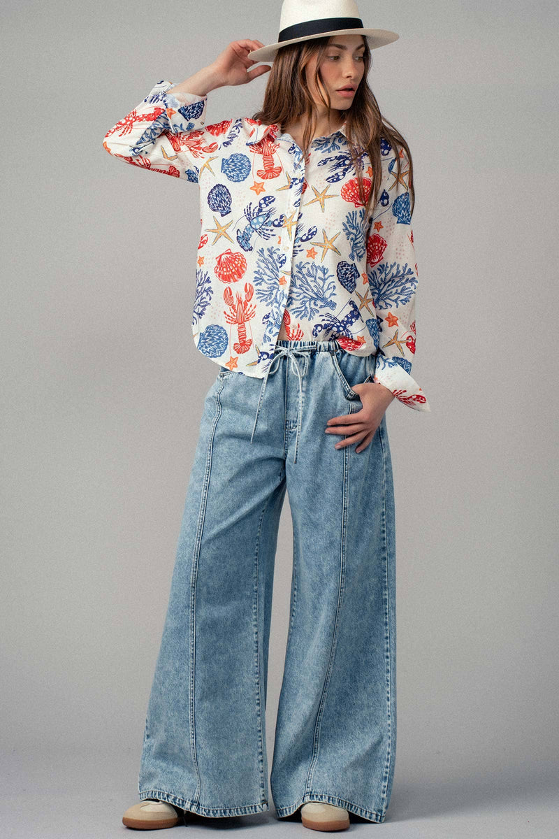 Urban Daizy - Ocean Shell & Lobster Print Relaxed Summer Shirt: MULTI / S-2/M-2/L-2