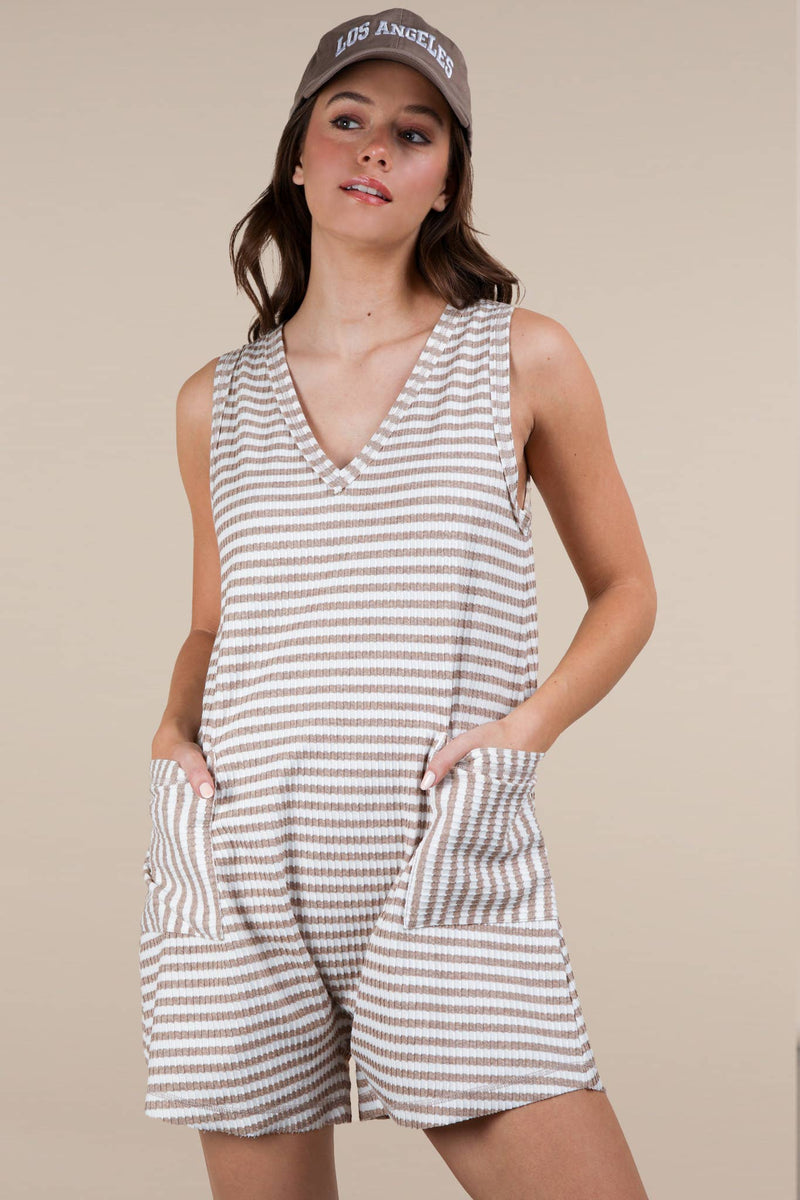 VERY J - NP70744-Striped Knit Casual Comfy Romper: DENIM / S-M-L/2-2-2