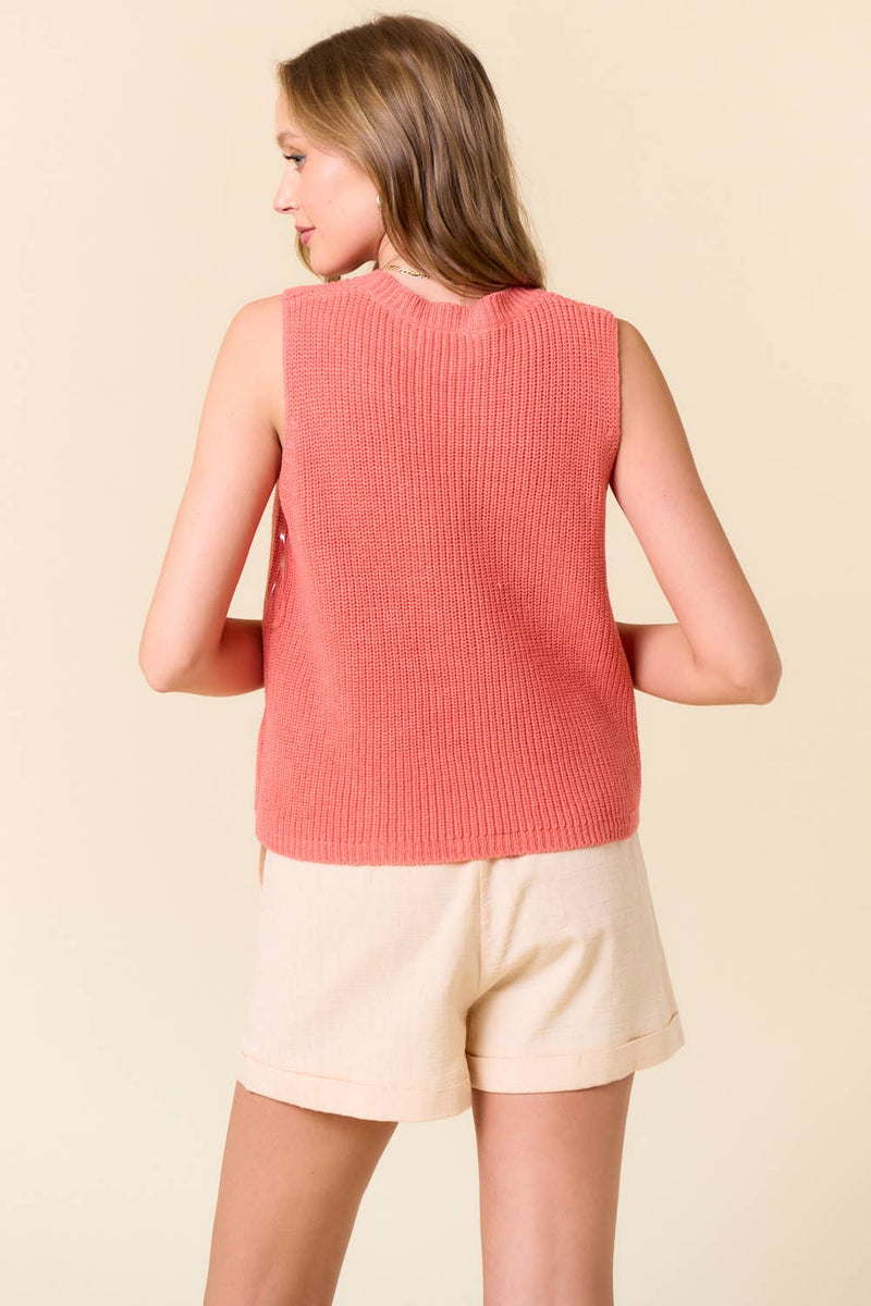 Doe and Rae - ROUND NECK SUMMER SWEATER TANK TOP - 44943T-1: CORAL / S