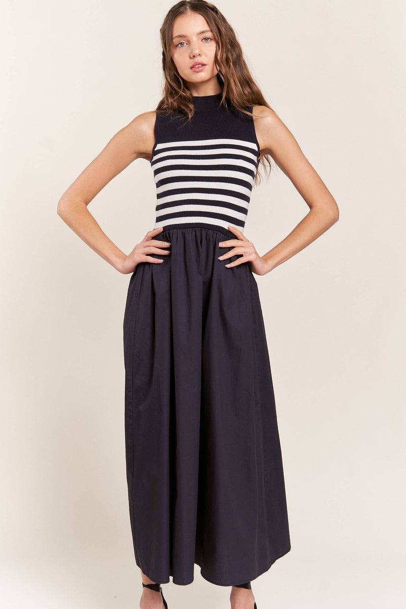 Beige Striped Sleeveless Mock-Neck Maxi Dress