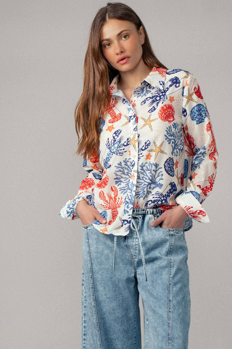 Urban Daizy - Ocean Shell & Lobster Print Relaxed Summer Shirt: MULTI / S-2/M-2/L-2