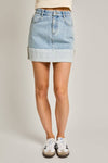 LE LIS - HIGH WAISTED CUFFED DENIM MINI SKIRT: Washed Denim / S