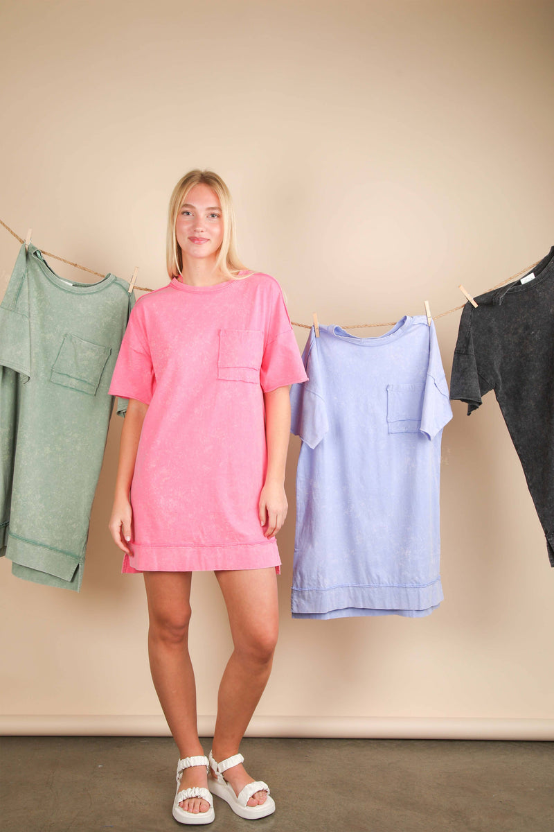 VERY J - ND31634-Mineral Washed Knit Oversized Shift Mini Dress: BLUE / S-M-L/2-2-2