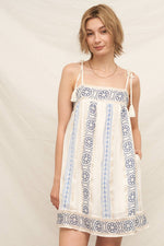 En Crème - Embroidered Mini Dress with Tassel Shoulder Ties and Lurex D: White Blue / S