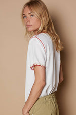 Pol Clothing - Colored trim v-neck short sleeve solid basic knit top: PALE SAGE / S