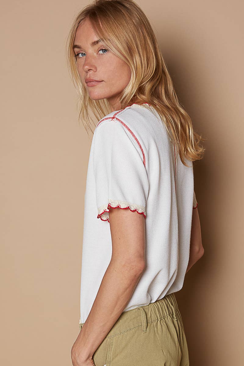 Pol Clothing - Colored trim v-neck short sleeve solid basic knit top: PALE SAGE / S