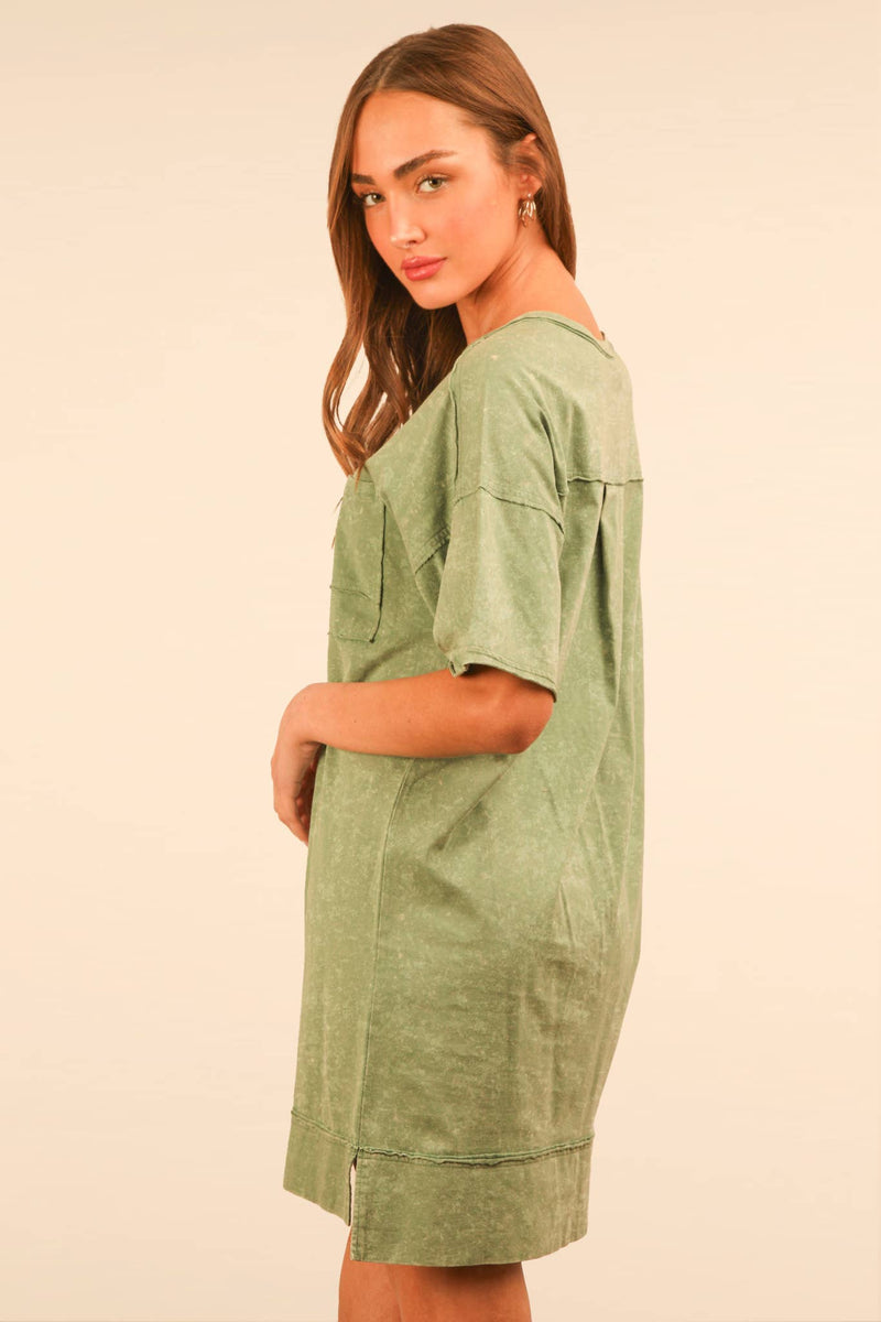 VERY J - ND31634-Mineral Washed Knit Oversized Shift Mini Dress: BLUE / S-M-L/2-2-2