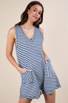 VERY J - NP70744-Striped Knit Casual Comfy Romper: DENIM / S-M-L/2-2-2