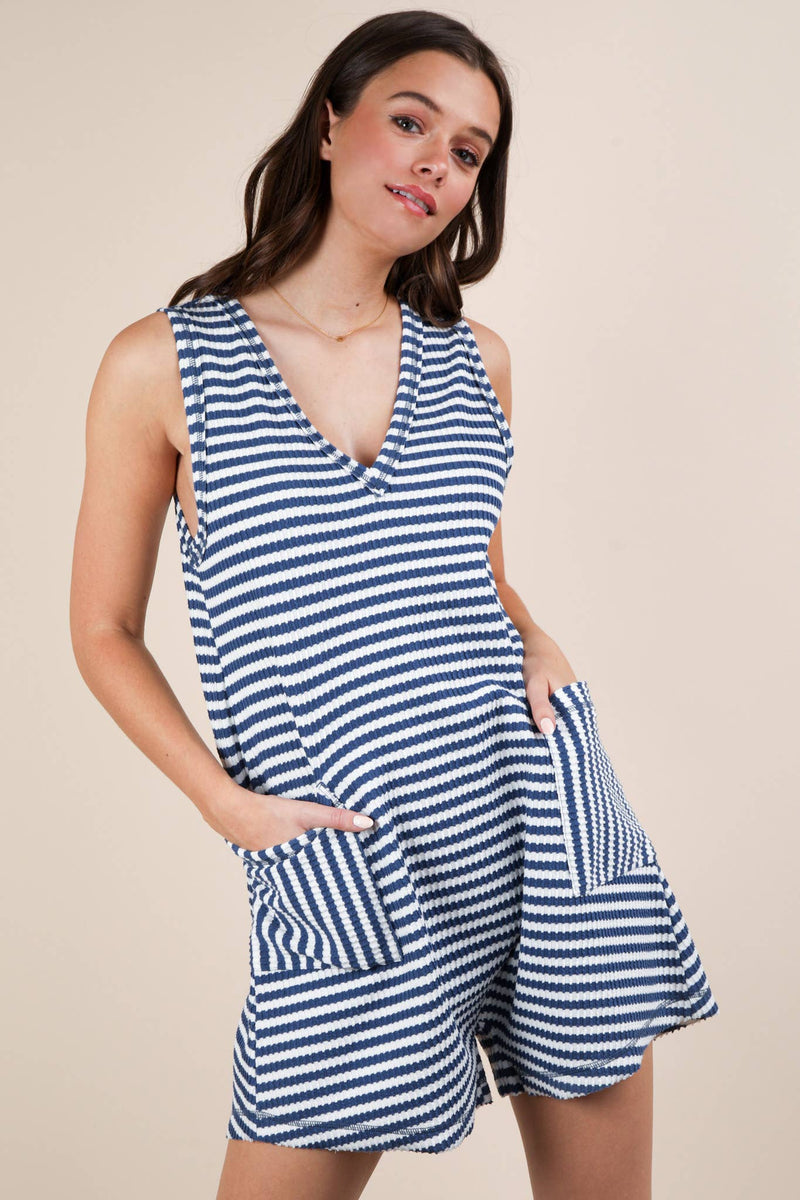 VERY J - NP70744-Striped Knit Casual Comfy Romper: DENIM / S-M-L/2-2-2