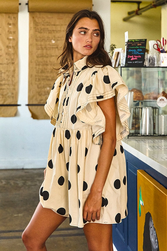 Ruffle Sleeve Pintuck Detail Polka Dot Mini Dress