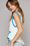 Pol Clothing - V-neck sleeveless color block front crochet star solid top: BASIL/DEEP TEAL / S