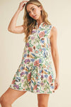 TCEC - CD05942-Floral Print Zip Up Collar Sporty Mini Dress: MULTI / S