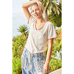 Pol Clothing - Colored trim v-neck short sleeve solid basic knit top: PALE SAGE / S