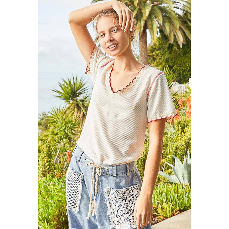 Pol Clothing - Colored trim v-neck short sleeve solid basic knit top: PALE SAGE / S