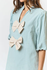 LINEN FRONT BOW DETAIL PUFF SLEEVE MINI DRESS