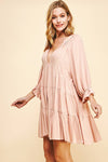 DEEP V-NECK TIERED MINI DRESS - DUSTY PINK